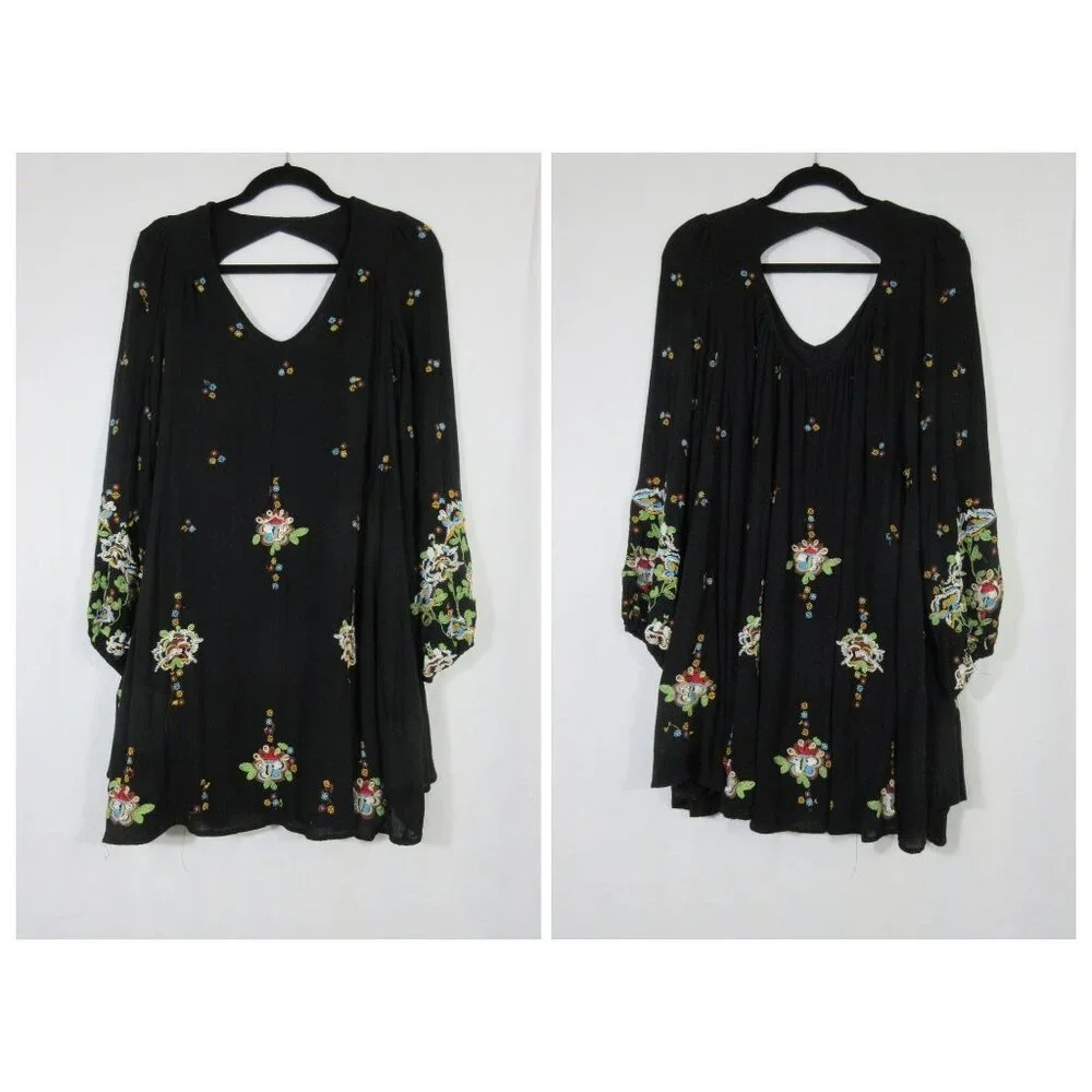 Free People women's Oxford embroidered‎ swing babydoll long sleeve mini dress, S